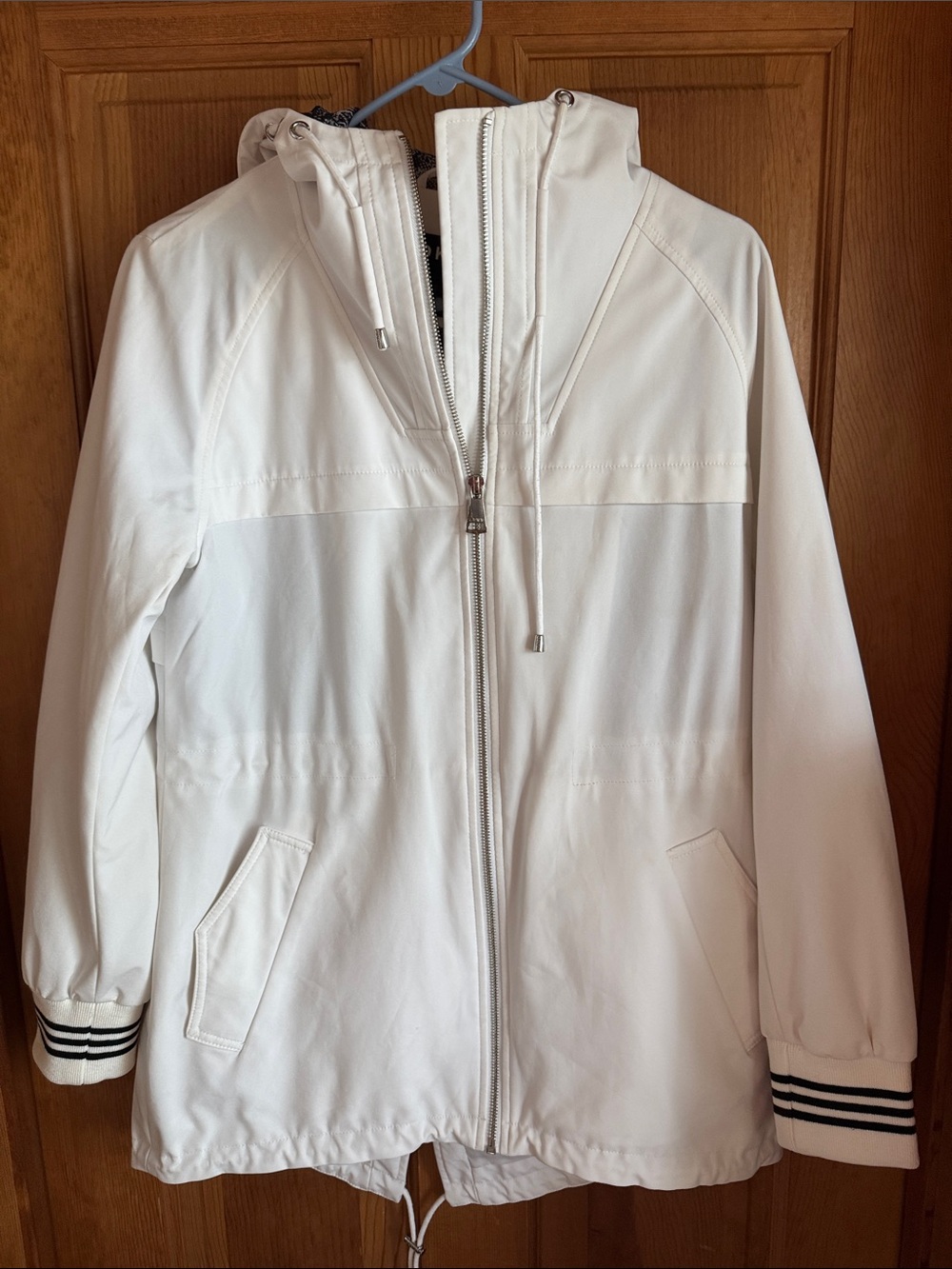 DKNY White Hooded Trench Coat with Black Stripe Cuffs